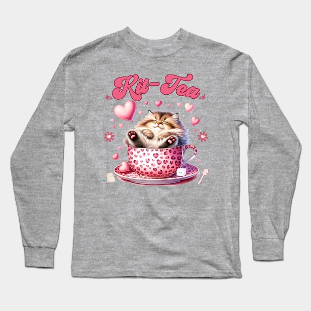 Retro Cute Cat and Tea Long Sleeve T-Shirt by Hypnotic Highs